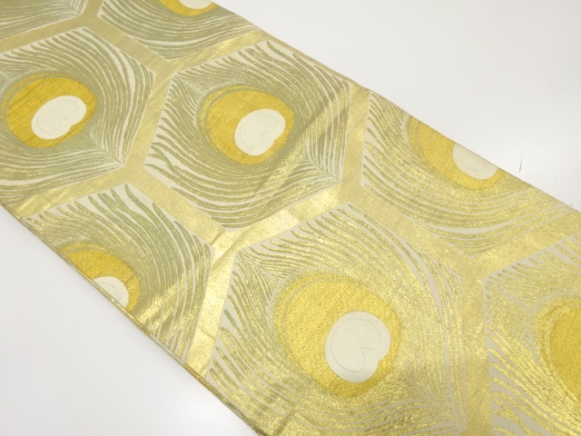 JAPANESE KIMONO / ANTIQUE MARU OBI / SILK / WOVEN PEACOCK FEATHERS / BY KAWASHIMA SELKON